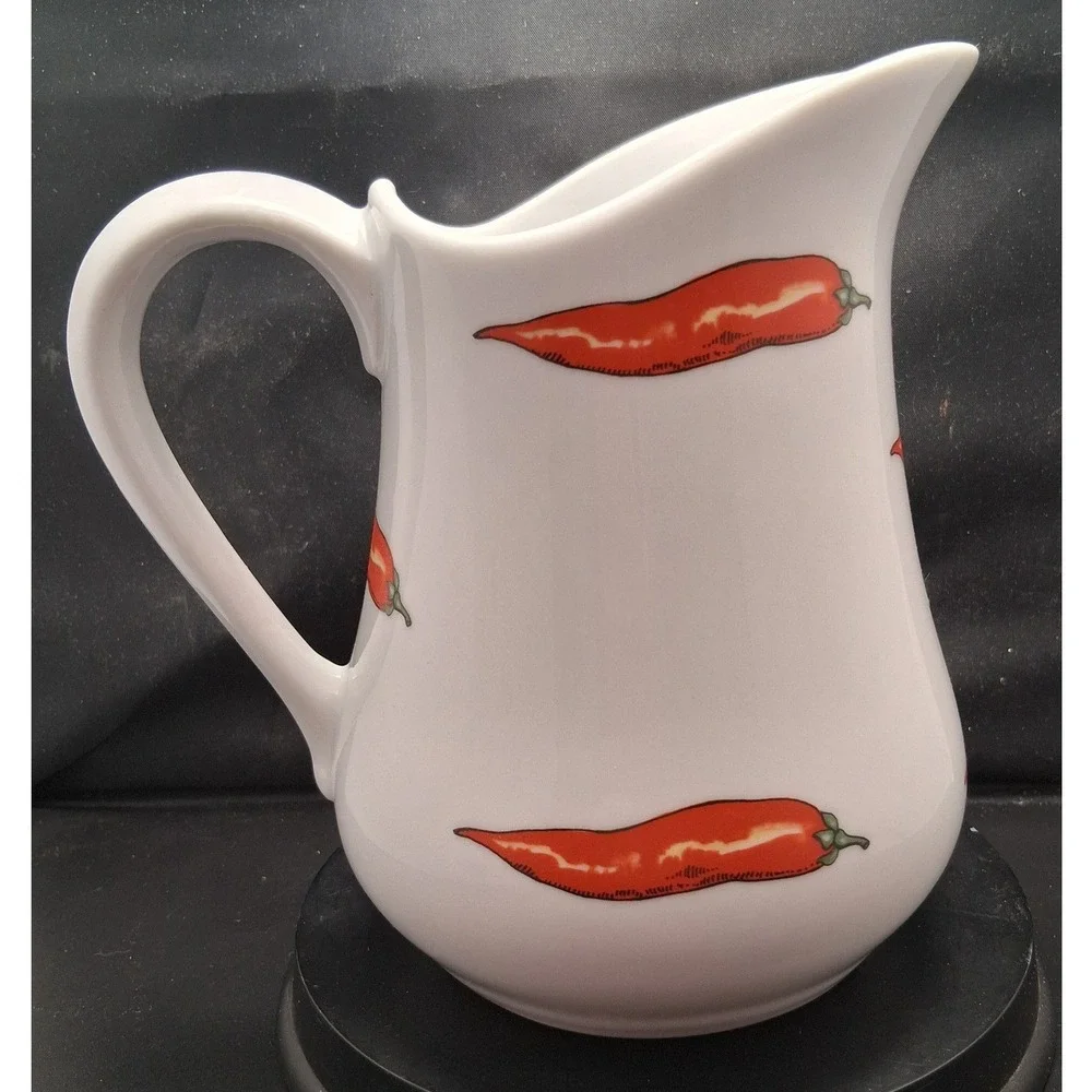BIA Cordon Bleu Red Chili Pepper Ceramic Pitcher White Farmhouse Creamer 6.5in